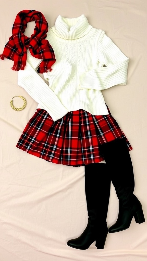 Flat lay of a Christmas outfit with plaid skirt, white sweater, black boots, and festive accessories.